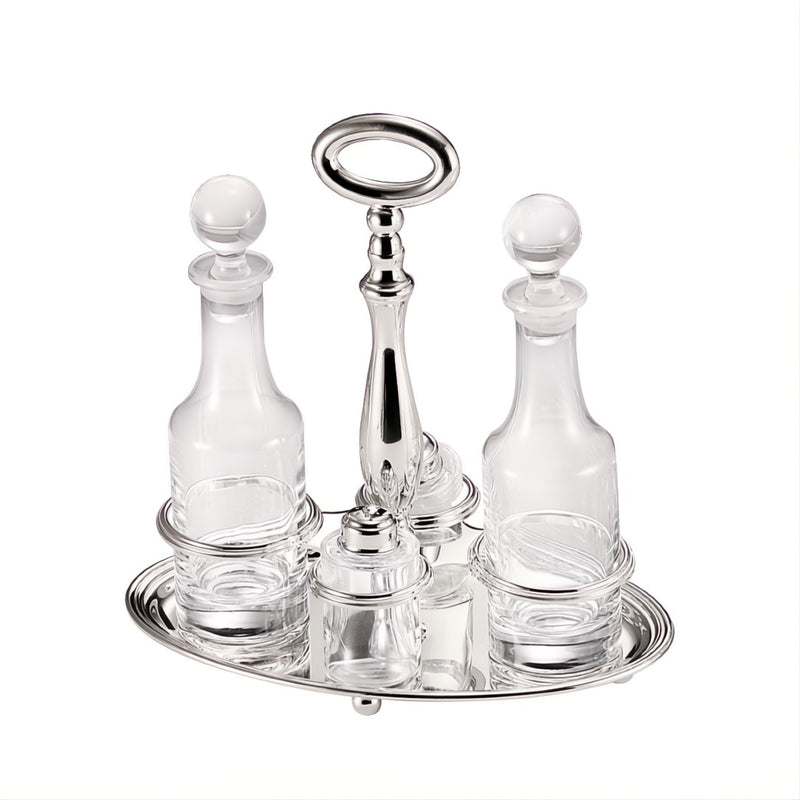 Oil and Vinegar Oval Cruet Stand English Silver-Plated by Greggio, Italian crystal and silver design with salt and pepper shakers.