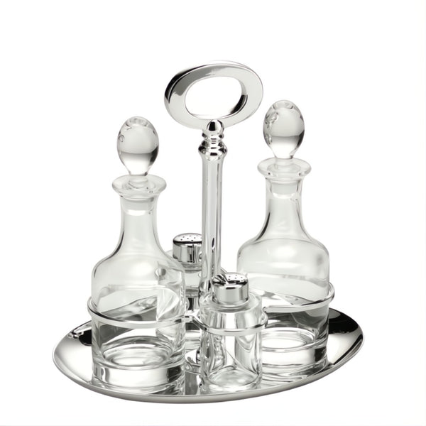 Oil and Vinegar Oval Cruet Stand Essentia Silver-Plated by Schiavon, Italian crystal and silver design with salt and pepper shakers.