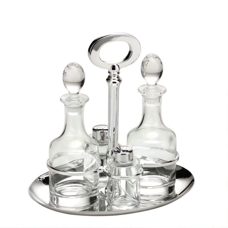 Oil and Vinegar Oval Cruet Stand Essentia Silver-Plated by Schiavon, Italian crystal and silver design with salt and pepper shakers.