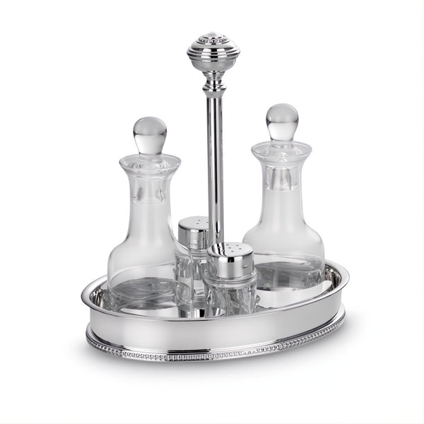 Oil and Vinegar Oval Cruet Stand La Perle Royale Silver-Plated by Greggio, Italian crystal and silver design with salt and pepper shakers.