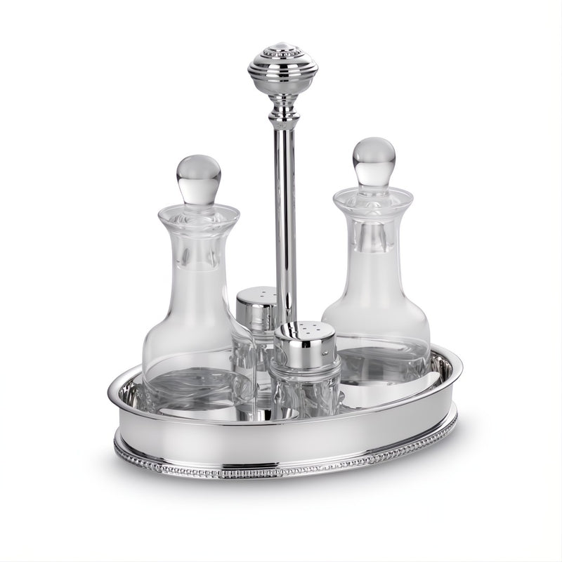 Oil and Vinegar Oval Cruet Stand La Perle Royale Silver-Plated by Greggio, Italian crystal and silver design with salt and pepper shakers.