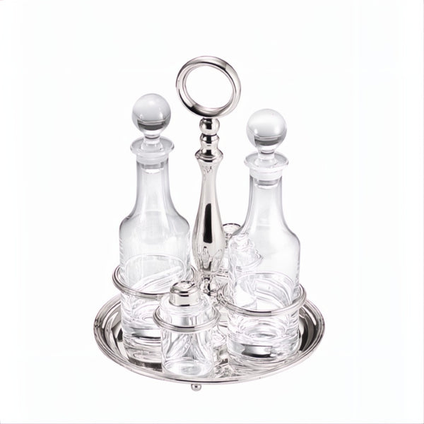 Oil and Vinegar Round Cruet Stand English Silver-Plated by Greggio, Italian crystal and silver design with salt and pepper shakers.