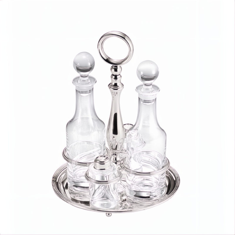 Oil and Vinegar Round Cruet Stand English Silver-Plated by Greggio, Italian crystal and silver design with salt and pepper shakers.