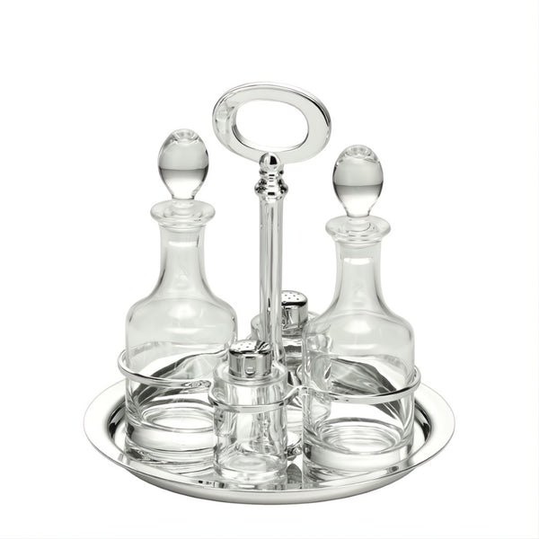 Oil and Vinegar Round Cruet Stand Essentia Silver-Plated by Schiavon, Italian crystal and silver design with salt and pepper shakers.