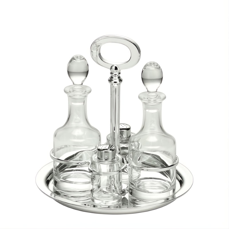 Oil and Vinegar Round Cruet Stand Essentia Silver-Plated by Schiavon, Italian crystal and silver design with salt and pepper shakers.