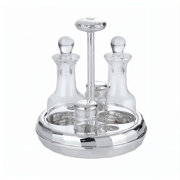 Oil and Vinegar Round Cruet Stand Newport Silver-Plated by Greggio, Italian crystal and silver design with salt and pepper shakers.
