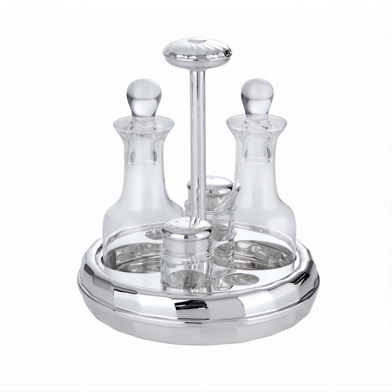 Oil and Vinegar Round Cruet Stand Newport Silver-Plated by Greggio, Italian crystal and silver design with salt and pepper shakers.
