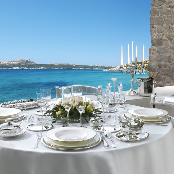 Elegant outdoor dining table set with Oil and Vinegar Round Cruet Stand Newport Silver-Plated by Greggio