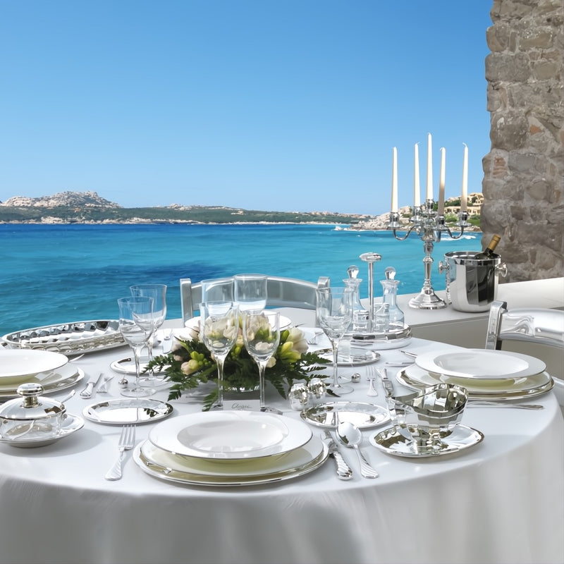 Elegant outdoor dining table set with Oil and Vinegar Round Cruet Stand Newport Silver-Plated by Greggio