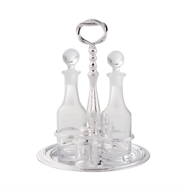 Oil and Vinegar Round Cruet Stand Villa Pisani Silver-Plated by Greggio, Italian crystal and silver design with salt and pepper shakers.