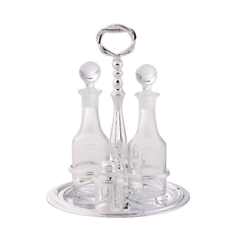 Oil and Vinegar Round Cruet Stand Villa Pisani Silver-Plated by Greggio, Italian crystal and silver design with salt and pepper shakers.