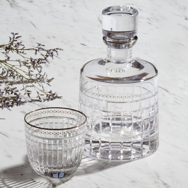 Styled Aghata Platinum old fashion tumbler with bevel cuts and platinum rim by Cristallerie de Montbronn