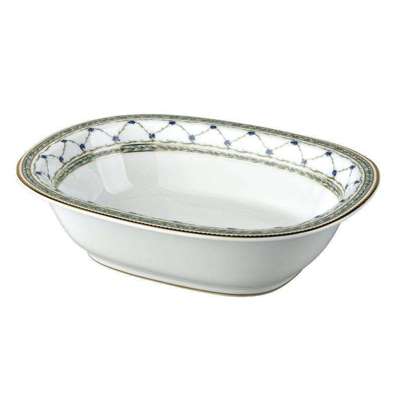 Open vegetable dish Allée du Roy by Raynaud in Limoges porcelain with cornflower and laurel motifs, finished with delicate hand-painted gold.