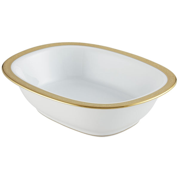 A white porcelain open vegetable dish with gold and platinum Renaissance-style borders and a gold inlay detail.