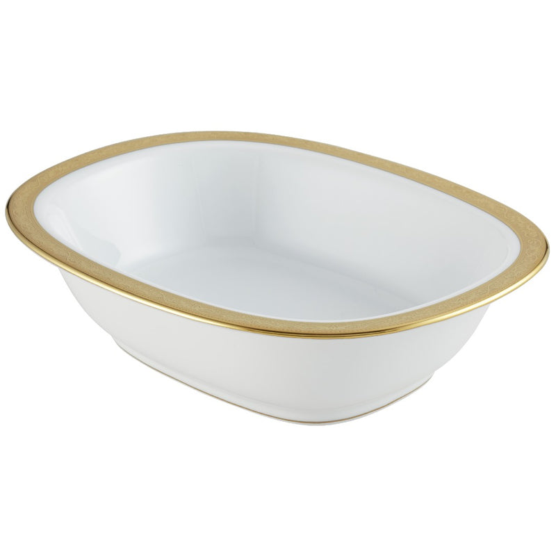 A white porcelain open vegetable dish with gold and platinum Renaissance-style borders and a gold inlay detail.