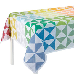 Colorful geometric triangle patterned tablecloth on a white background