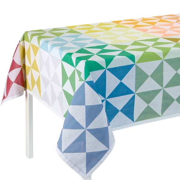 Colorful geometric triangle patterned tablecloth on a white background