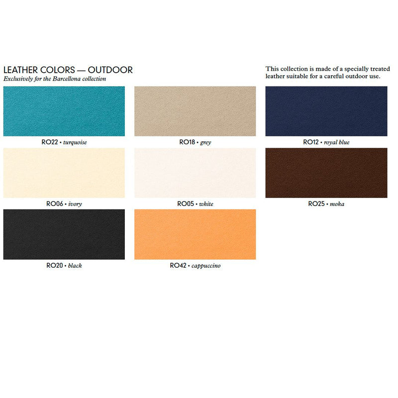 Color swatches for leather collection suitable for outdoor use, featuring various shades.