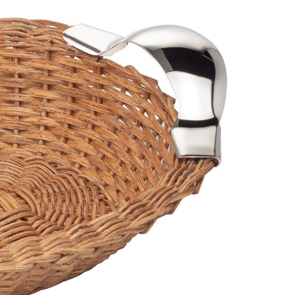 Brown Oval Bread Basket with Sterling Silver Handles Handle Closeup