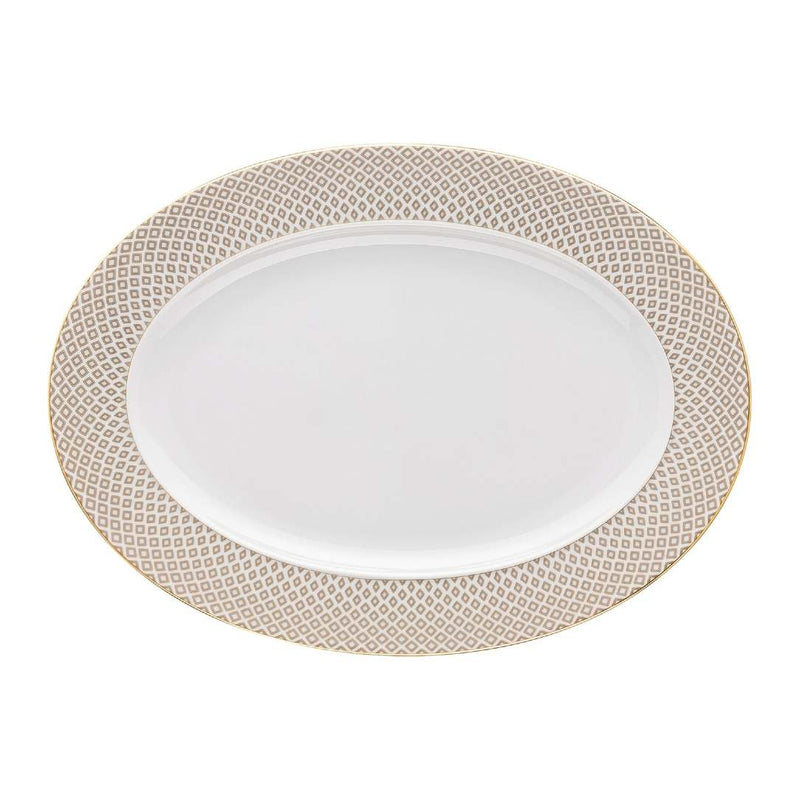 Francis Carreau Beige porcelain oval platter 34 cm with beige and gold check design by Rosenthal