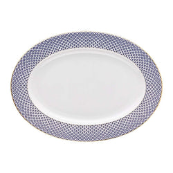 Francis Carreau Blue porcelain oval platter 34 cm with royal blue and gold check design by Rosenthal