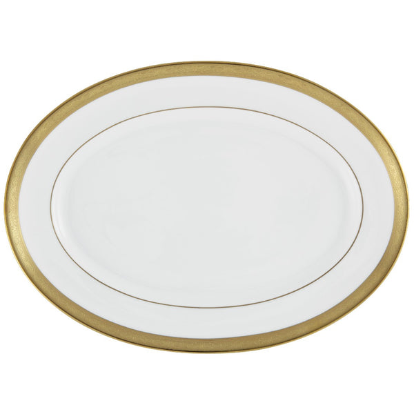 An oval platter with a white base color and gold borders and rims.