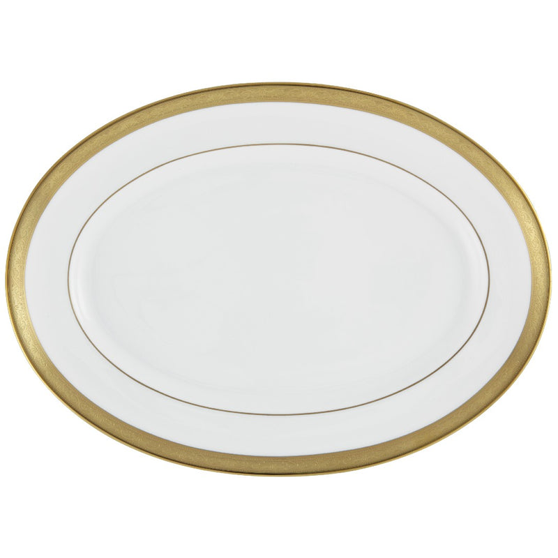 An oval platter with a white base color and gold borders and rims.