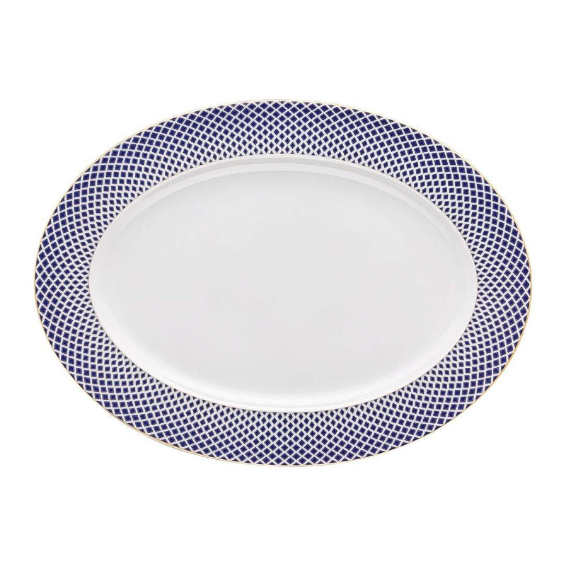 Francis Carreau Blue porcelain oval platter 40 cm with royal blue and gold check design by Rosenthal