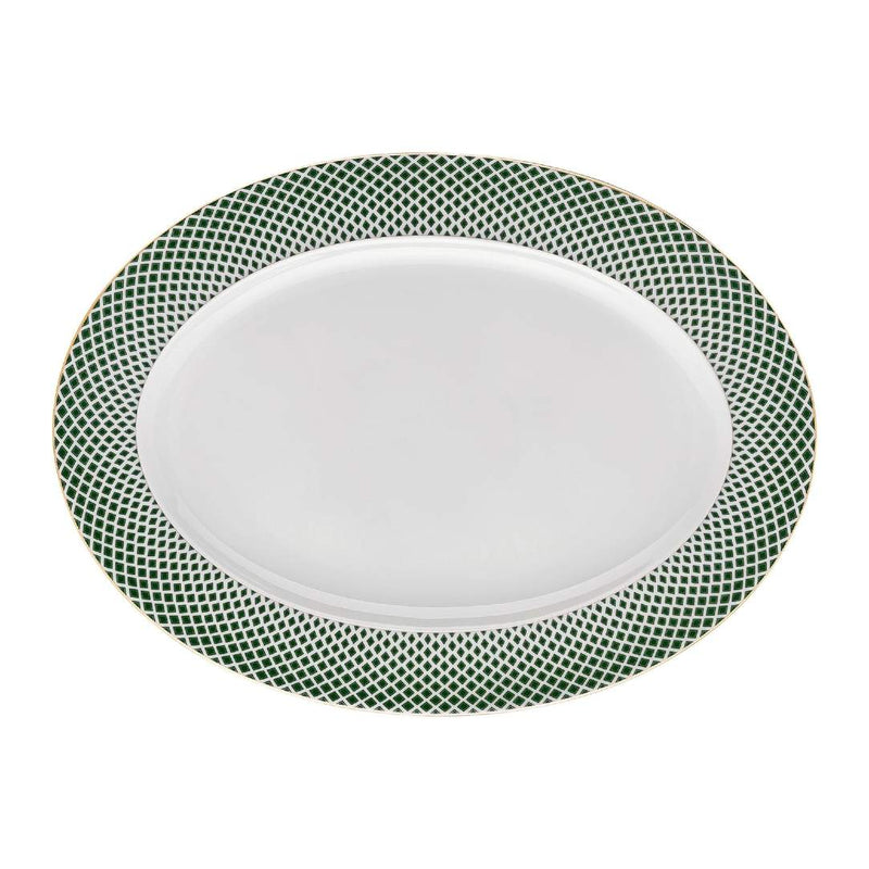 Francis Carreau Green porcelain oval platter 40 cm with green and gold check design by Rosenthal
