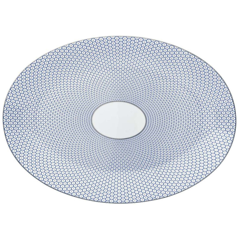 Raynaud Trésor Bleu Limoges porcelain oval platter 42cm in cobalt blue with platinum honeycomb pattern