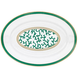 Raynaud Cristobal Emerald Oval Platter in Limoges porcelain with emerald green coral motifs and gold rim, designed by Alberto Pinto.