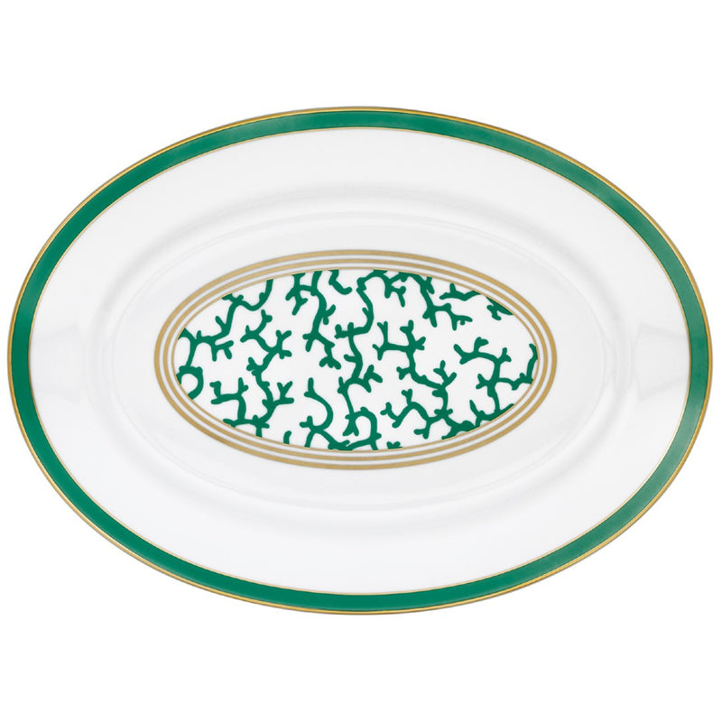 Raynaud Cristobal Emerald Oval Platter in Limoges porcelain with emerald green coral motifs and gold rim, designed by Alberto Pinto.