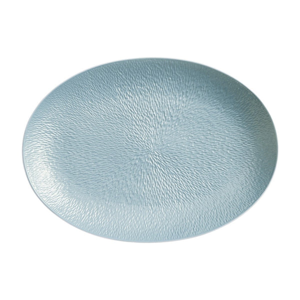 Raynaud Minéral Irisé Sky Blue fully engraved oval porcelain platter with iridescent glaze and sculptural relief

