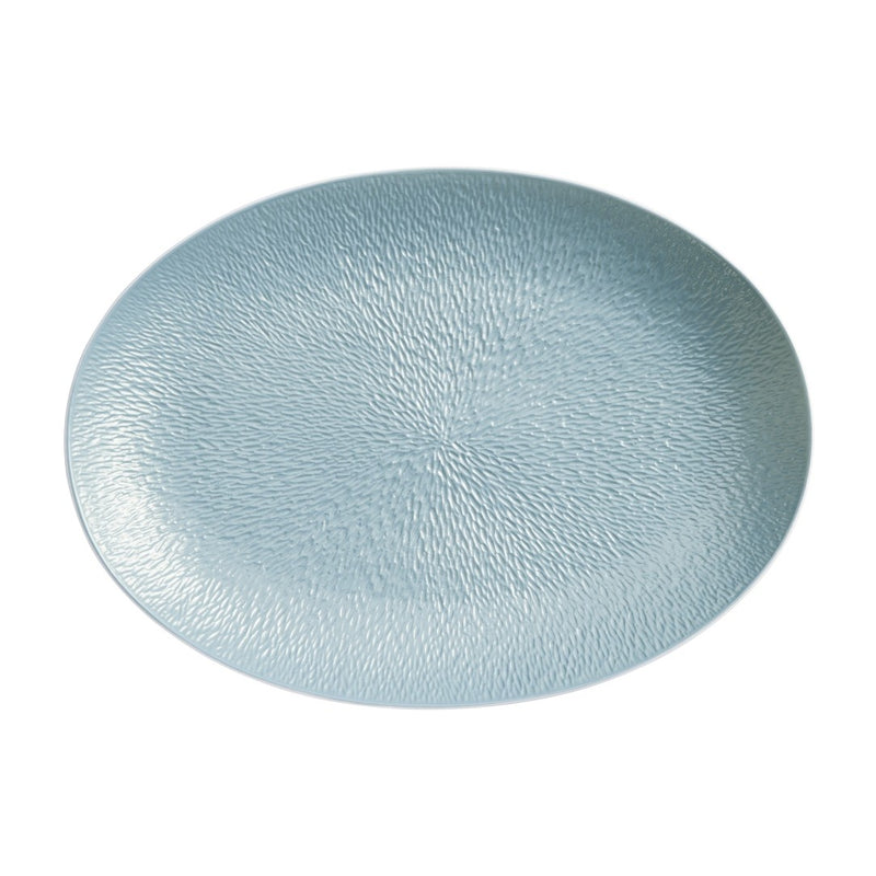 Raynaud Minéral Irisé Sky Blue fully engraved oval porcelain platter with iridescent glaze and sculptural relief

