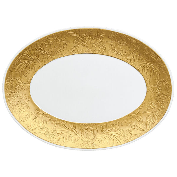Porcelain oval platter with gold detailing from the Italian Renaissance Gold collection by Raynaud.