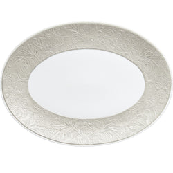 Italian Renaissance Irisé Pearl Grey oval platter by Raynaud, Limoges porcelain with arabesques, pearl grey iridescence, and platinum accents.