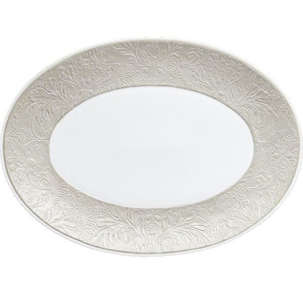Italian Renaissance Irisé Pearl Grey oval platter by Raynaud, Limoges porcelain with arabesques, pearl grey iridescence, and platinum accents.
