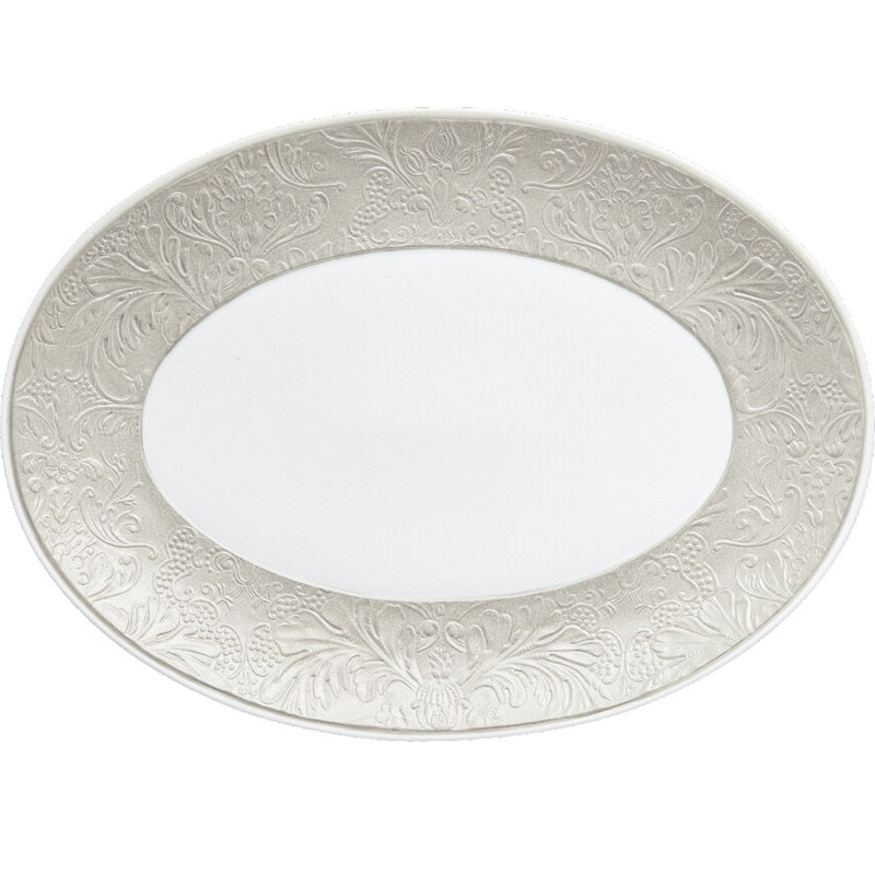 Italian Renaissance Irisé Pearl Grey oval platter by Raynaud, Limoges porcelain with arabesques, pearl grey iridescence, and platinum accents.