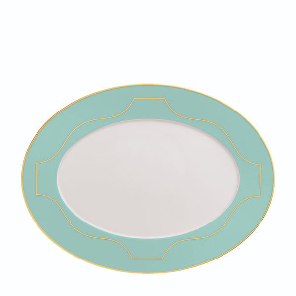 Oval Platter Large Carlo Este by FÜRSTENBERG in fine porcelain with gold and green mosaic-inspired design by Carlo Dal Bianco.