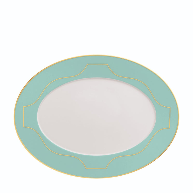 Oval Platter Large Carlo Este by FÜRSTENBERG in fine porcelain with gold and green mosaic-inspired design by Carlo Dal Bianco.