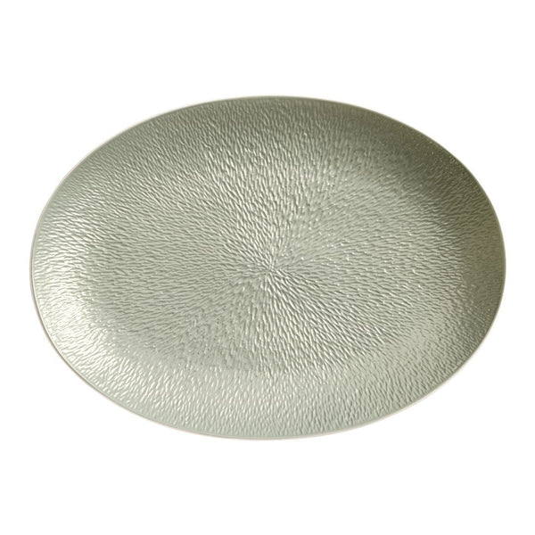 Raynaud Minéral Irisé Céladon large fully engraved oval porcelain platter with sculptural texture and celadon glaze