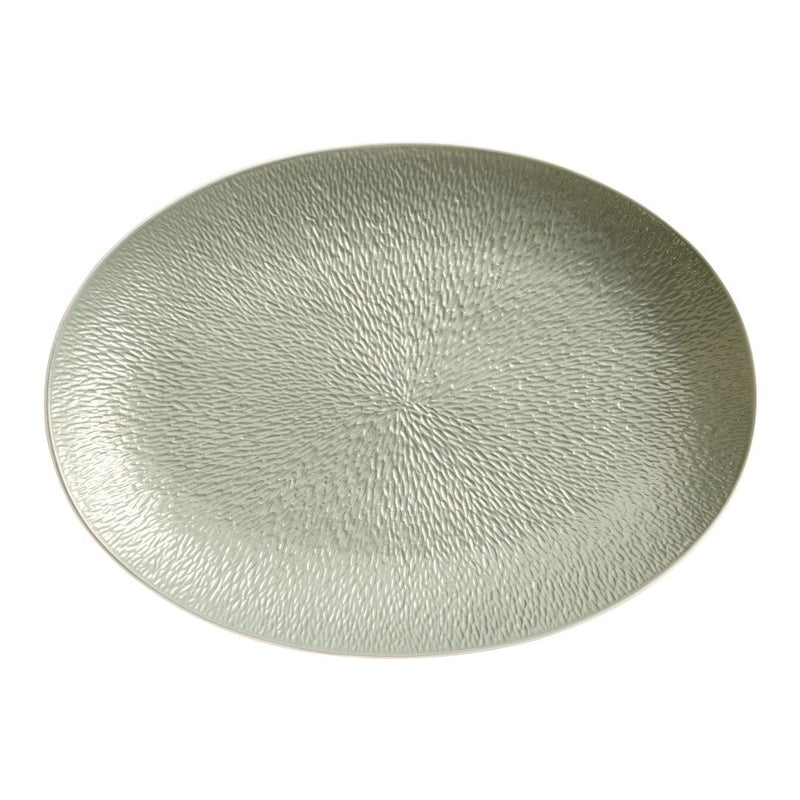 Raynaud Minéral Irisé Céladon large fully engraved oval porcelain platter with sculptural texture and celadon glaze