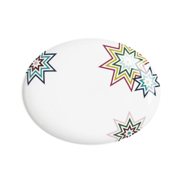Paraiso porcelain oval platter with star geometrical motifs in green, pink, and red by Sieger by Fürstenberg