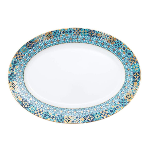 Oval Platter Portofino by Haviland in Limoges porcelain with Mediterranean blue and gold mosaic-inspired design.