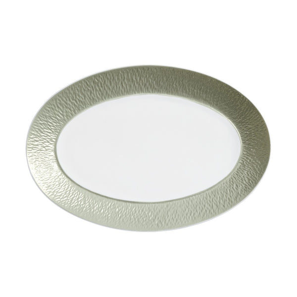 Raynaud Minéral Irisé Céladon small porcelain oval platter with soft green glaze and sculptural detailing

