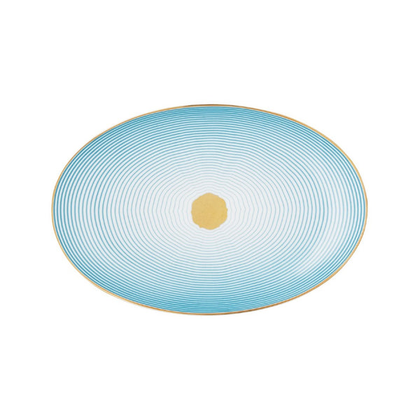 Oval Side Plate Aura by Raynaud in fine Limoges porcelain with golden rim and blue scalloped design.