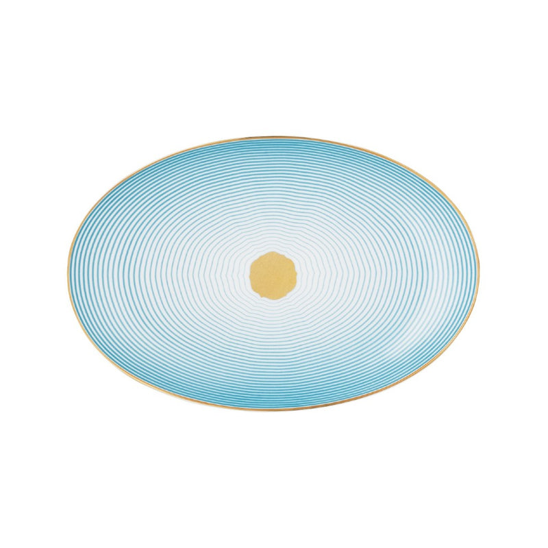 Oval Side Plate Aura by Raynaud in fine Limoges porcelain with golden rim and blue scalloped design.