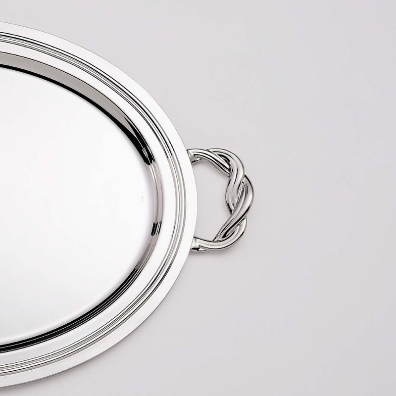 Close-up of the Oval silver-plated Villa Pisani tray with handles by Greggio.