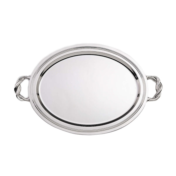 Oval silver-plated Villa Pisani tray with handles by Greggio, handcrafted in Italy for elegant serving and refined presentation.