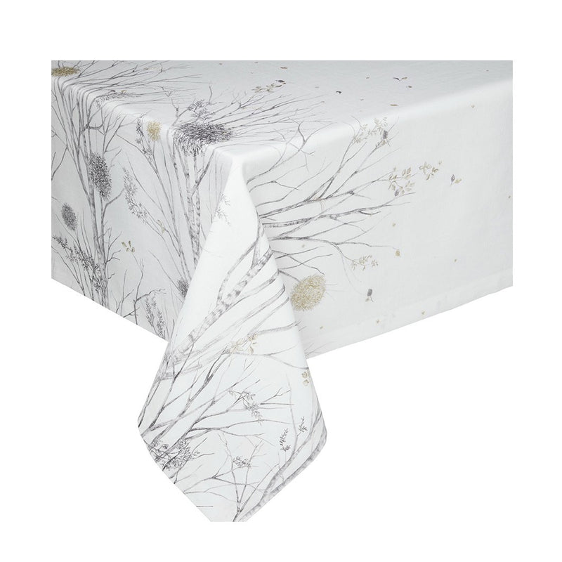 White Tablecloth with printed trees in grey and gold
